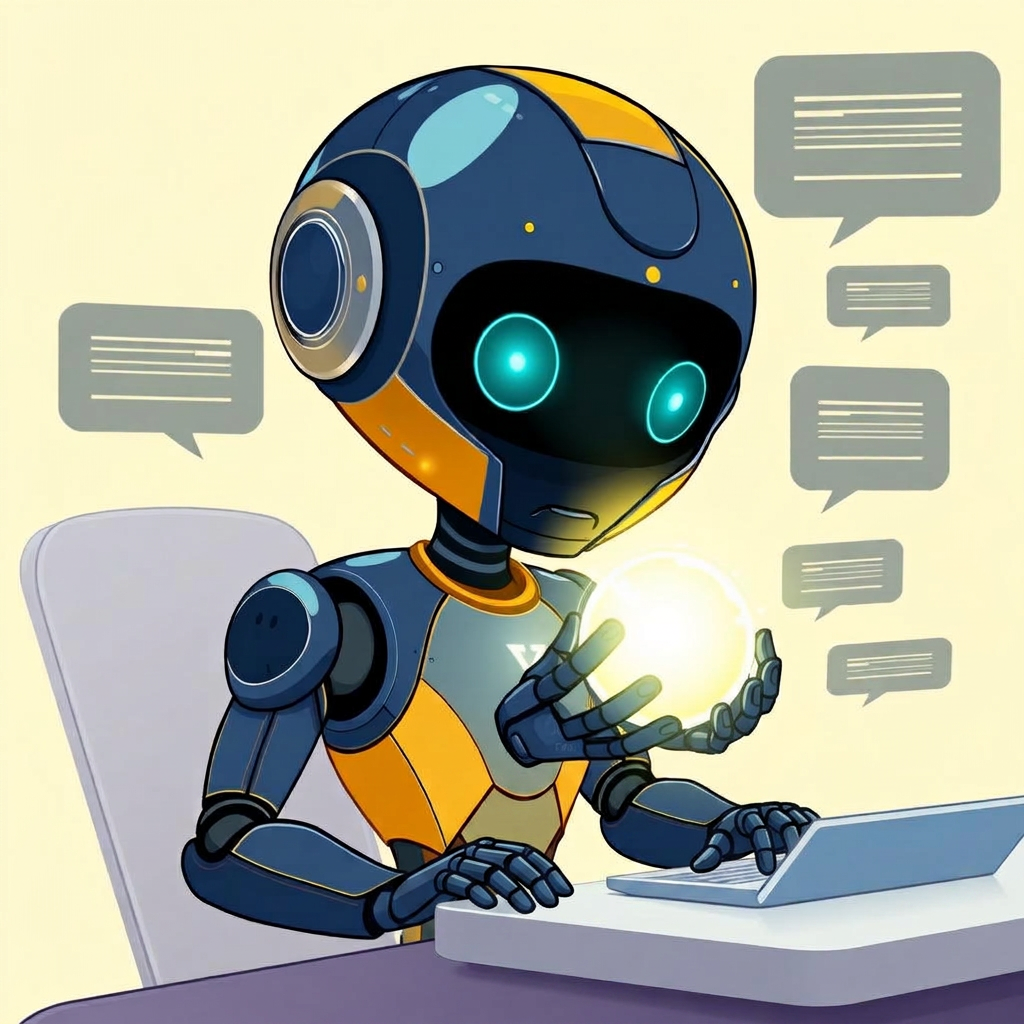 Friendly navy and gold AI agent robot holding a glowing data orb