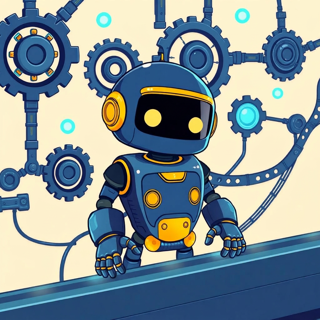 Cartoon robot operating a system of gears and workflow nodes