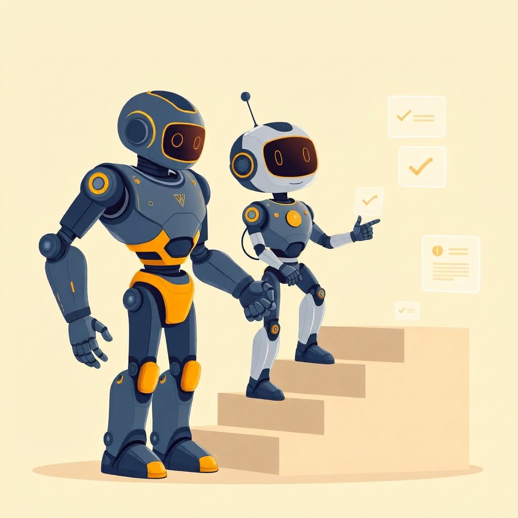 Cartoon mentor robot guiding a learner robot up a staircase of milestones