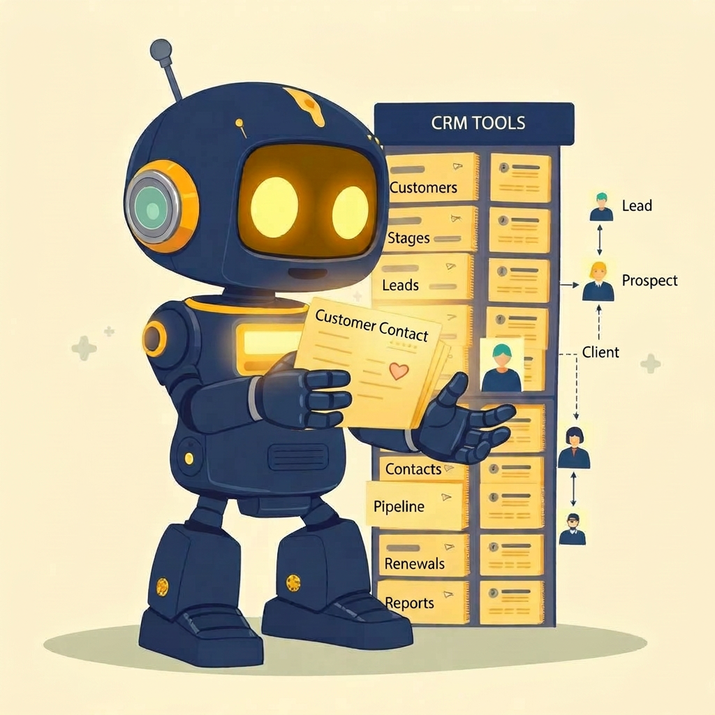 Cartoon robot organizing a rolodex of glowing customer contact cards and pipeline stages