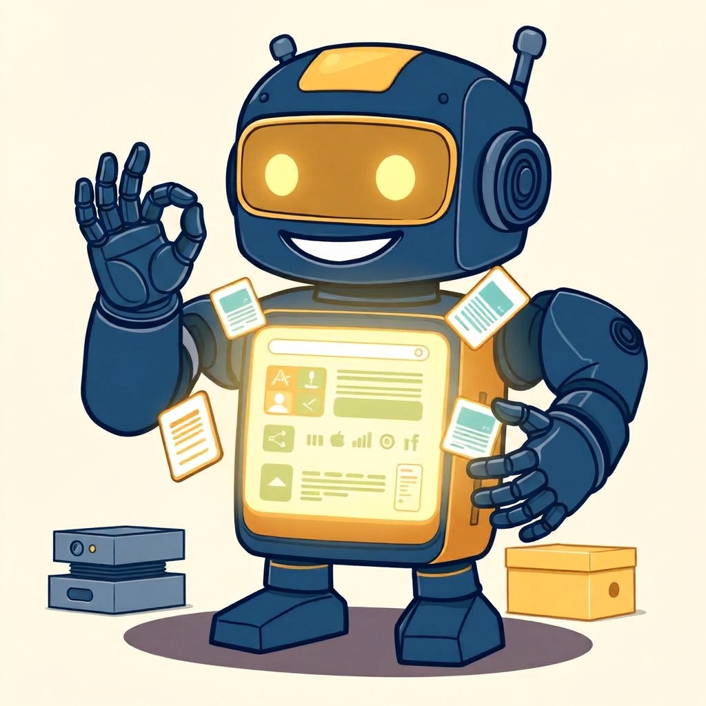 Cartoon robot assembling a custom app interface from modular blocks