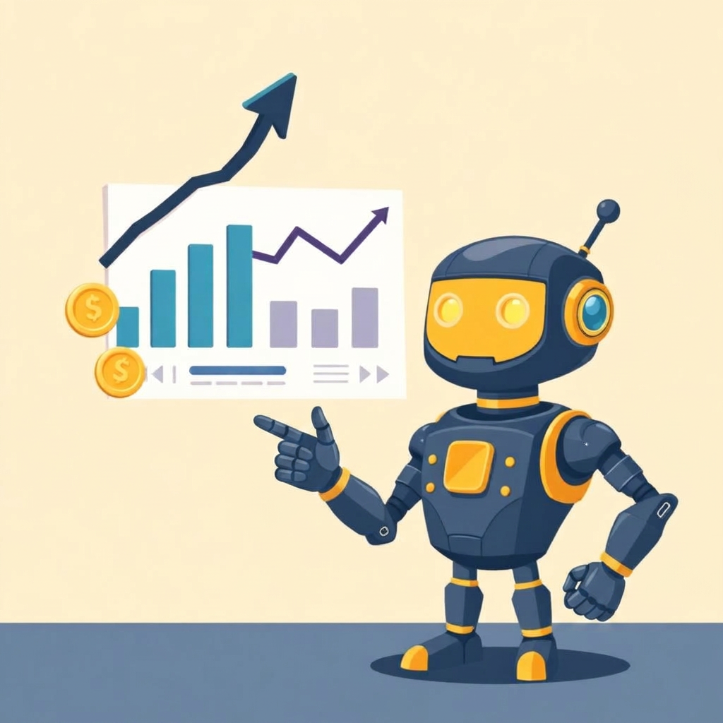 Cartoon analyst robot pointing at a rising bar chart and gold coins