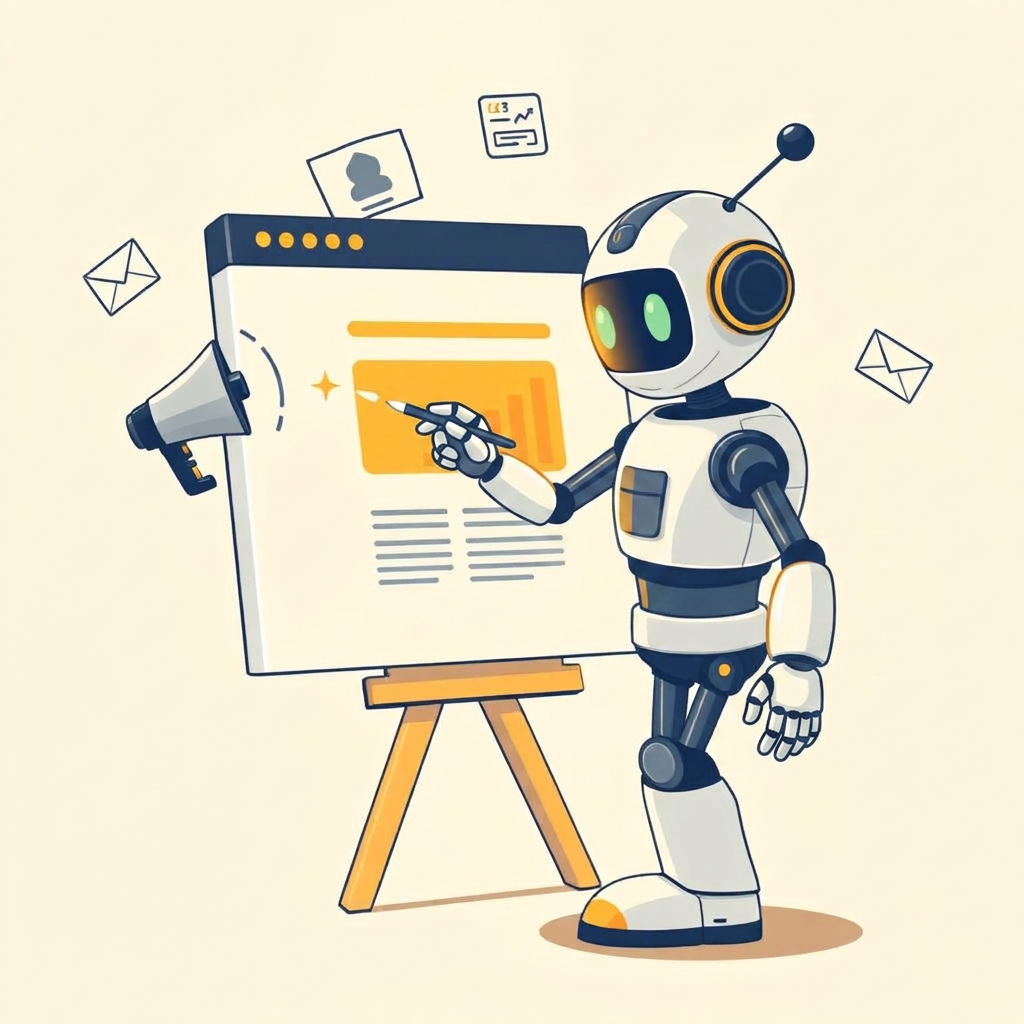 Cartoon robot designing a website on a floating canvas with marketing icons